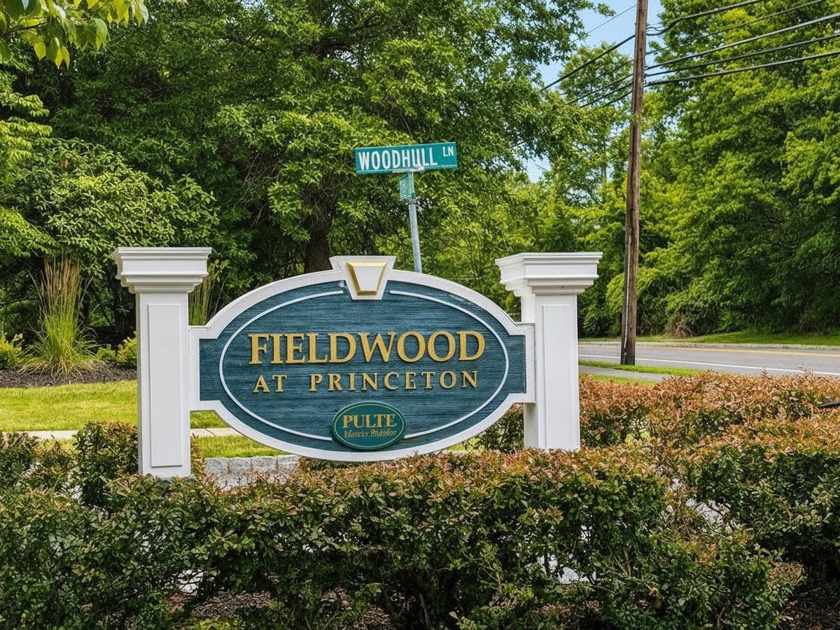 Fieldwood Manors neighborhood entrance sign, Princeton, NJ
